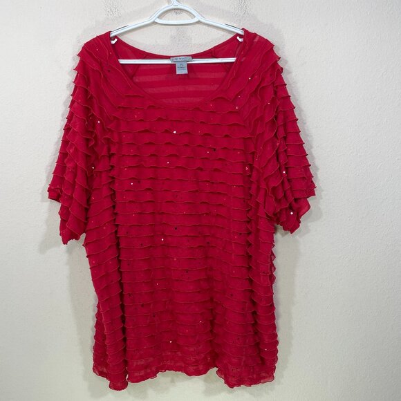 Maggie Barnes for Catherines Size 3X  Blouse  Ruffle Layered Red Shimmer Holiday - Picture 1 of 6